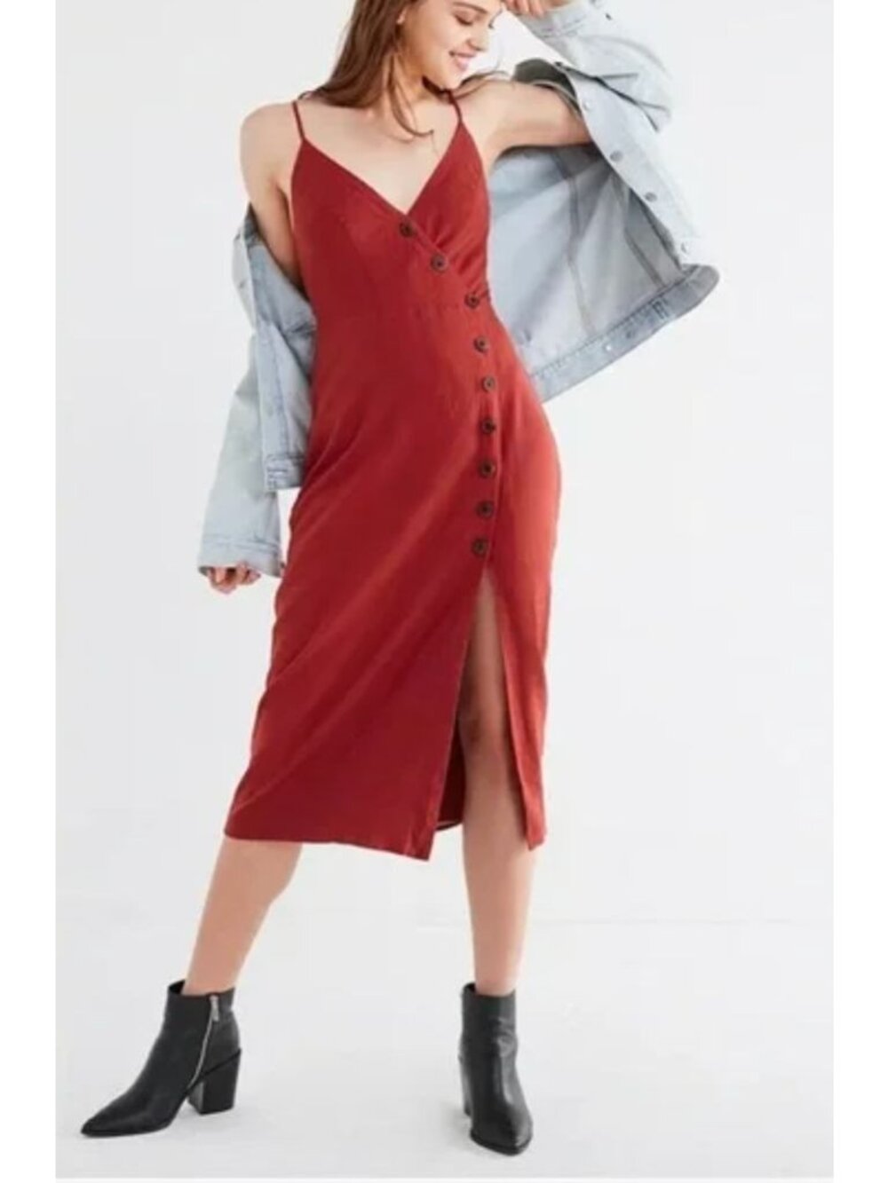 URBAN OUTFITTERS amber rust button through midi dress size M